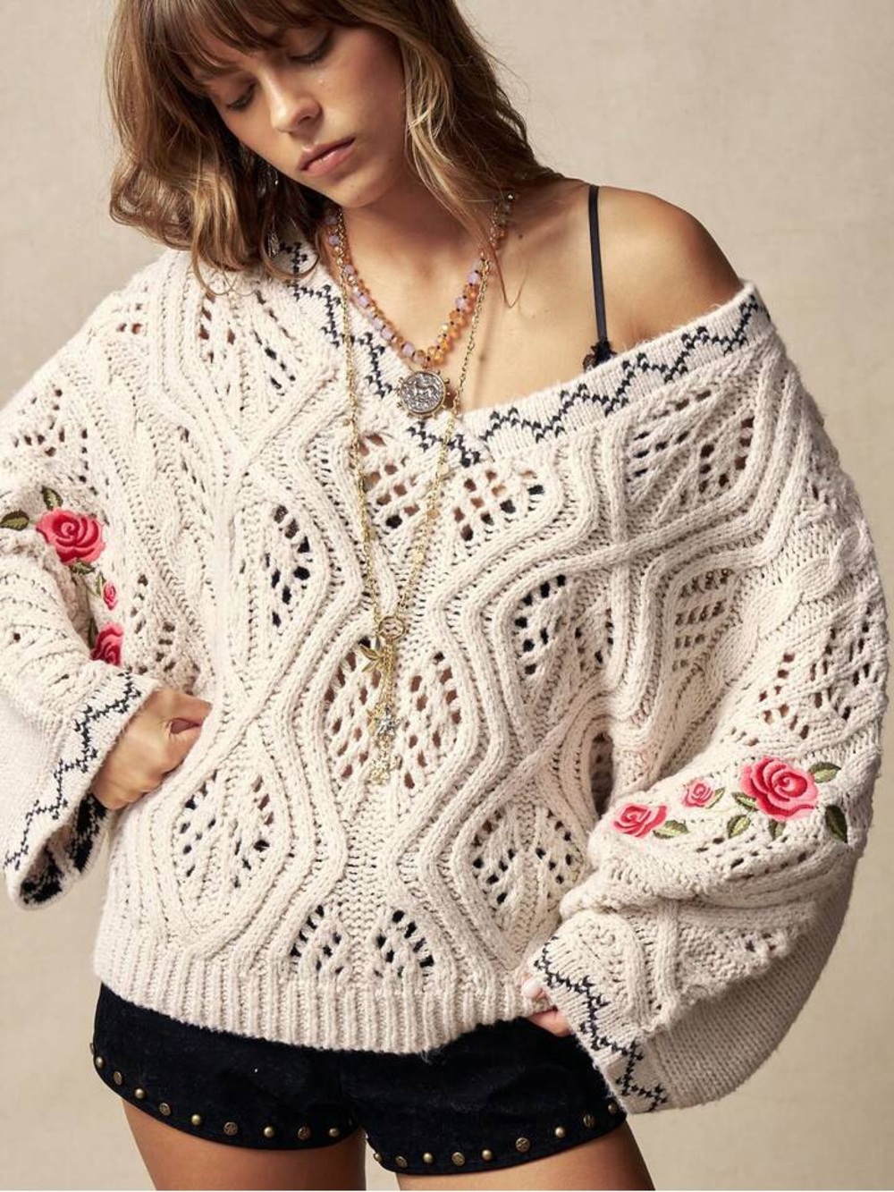 Size L Boho Cream Open-Knit V-Neck Sweater with Pink Rose Embroidery NWT